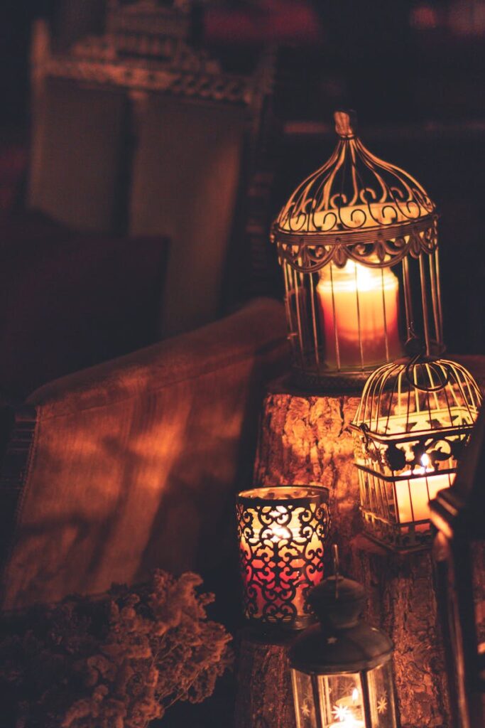 A cozy indoor scene with glowing lanterns and candles, perfect for creating ambiance.